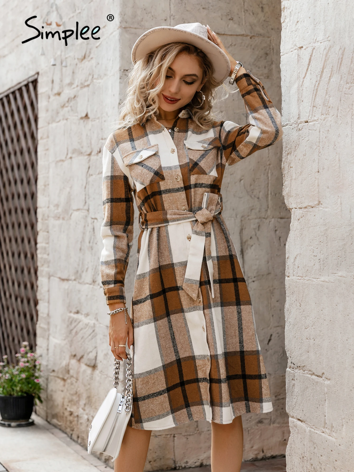 Simplee Office lady buttons lace up plaid women dress autumn Elegant long sleeves pocket dress Female lapel knee length dresses