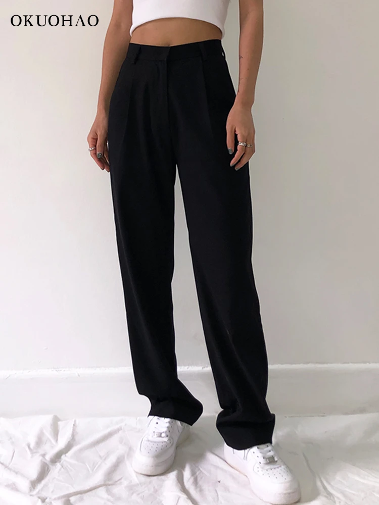 2021 Fashion Straight Suit Women Pants High Waist Casual Office Lady Pants Full Length Wide Leg Loose  Female Black Mom Trousers