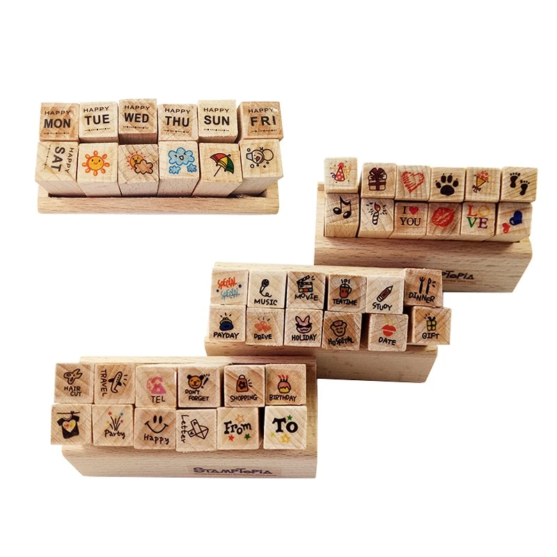 12pcs/set Happy Life Wooden Box Rubber Stamp for Decoration Mini Scrapbooking DIY Craft Stationery Weather Week Date Sunny Rainy