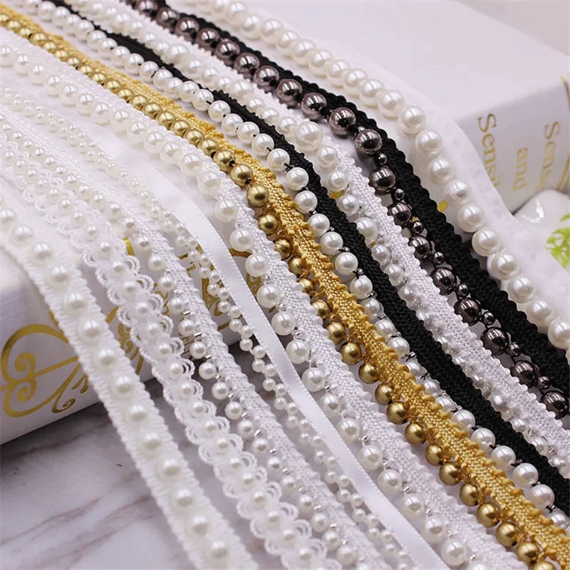 1 Yards White/black Pearl Beaded Lace Trim Tape Lace Ribbon African Lace Fabric Collar Dress Sewing Garment Headdress Materials