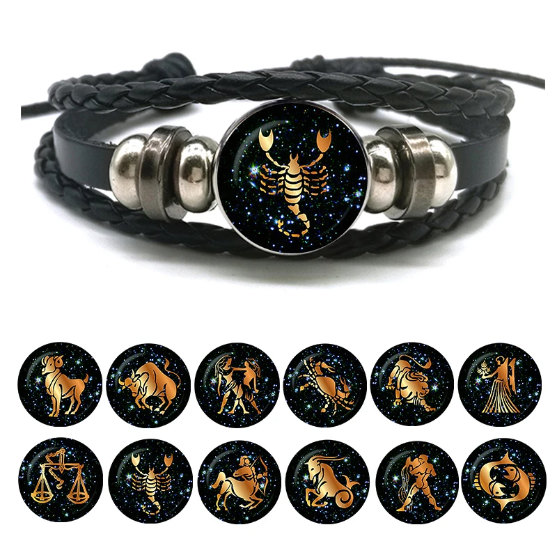 12 Zodiac Signs Leather Bracelet for Men Women Virgo Libra Scorpio Aries Taurus  Braided Rope Bracelets Birthday Gift Wholesale