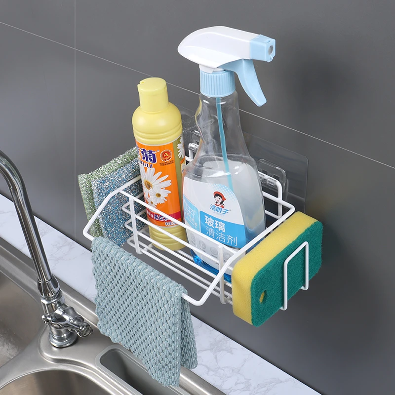 Kitchen Sink Sponge Bottle Holder Shelf Spice Rack Stand Organizer Storage Punch-Free Drainer Metal Basket Hook Bathroom For