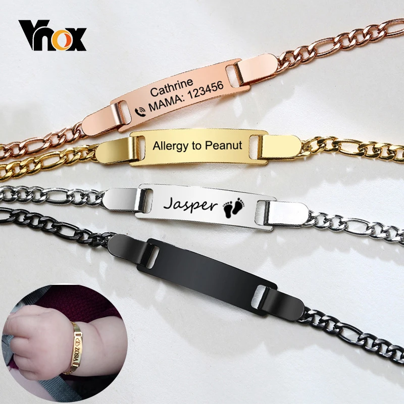 Vnox Baby Mom Anti Allergy Stainless Steel Bracelets Personalize Name Birth Date Bar Custom Girls Boys Infant Baptism Gifts