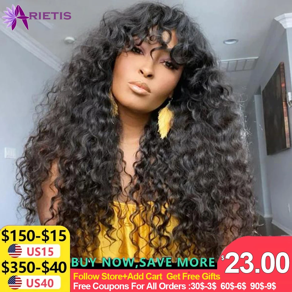 Glueless Water Wave Wig Peruvian Human Hair Wigs With Bangs 150% Full Machine Made Wig For Black Women 8-26 Inches Fast Shipping