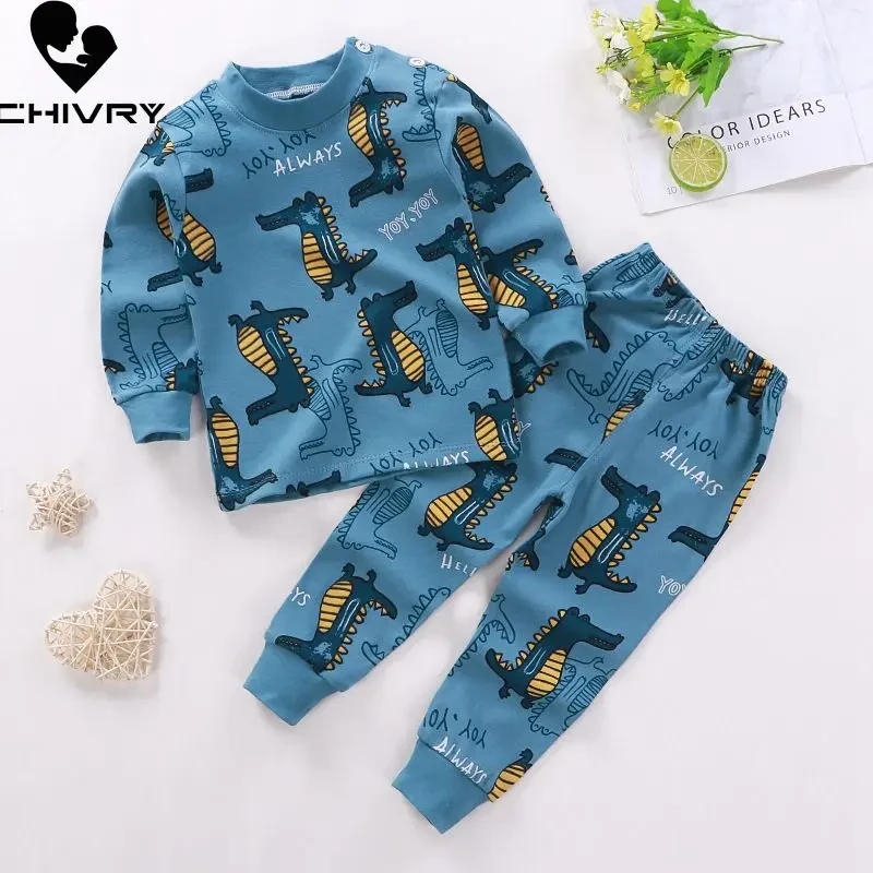 2021 New Kids Boys Girls Pajama Sets Cartoon Print Long Sleeve Cute T-Shirt Tops with Pants Toddler Baby Autumn Sleeping Clothes
