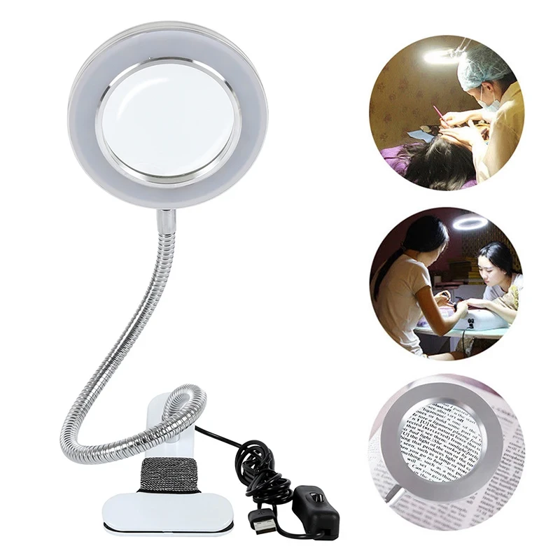 Microblading Tattoo 8X Magnifier Lamp Nail Art USB Cold Light Led Non-slip Equipment Clamp Glass Table Lamp for Beauty Salon