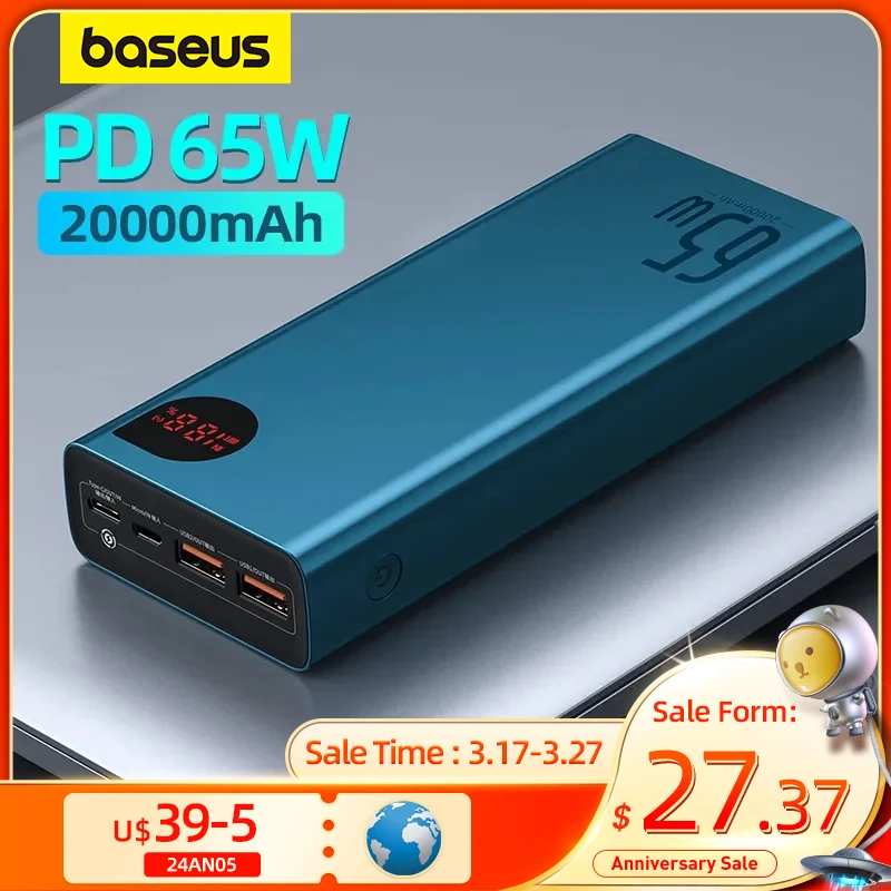 Baseus 65W Power Bank 20000mAh Portable Charging Powerbank Mobile Phone External Battery PD QC 3.0 Charger 22.5W Poverbank 20000