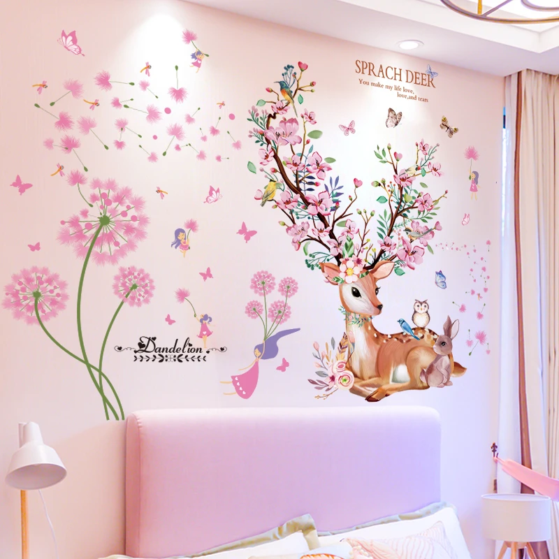 Deer Animal Wall Stickers DIY Dandelions Flowers Plants Wall Decals for Kids Rooms Baby Bedroom Nursery Kitchen Home Decoration