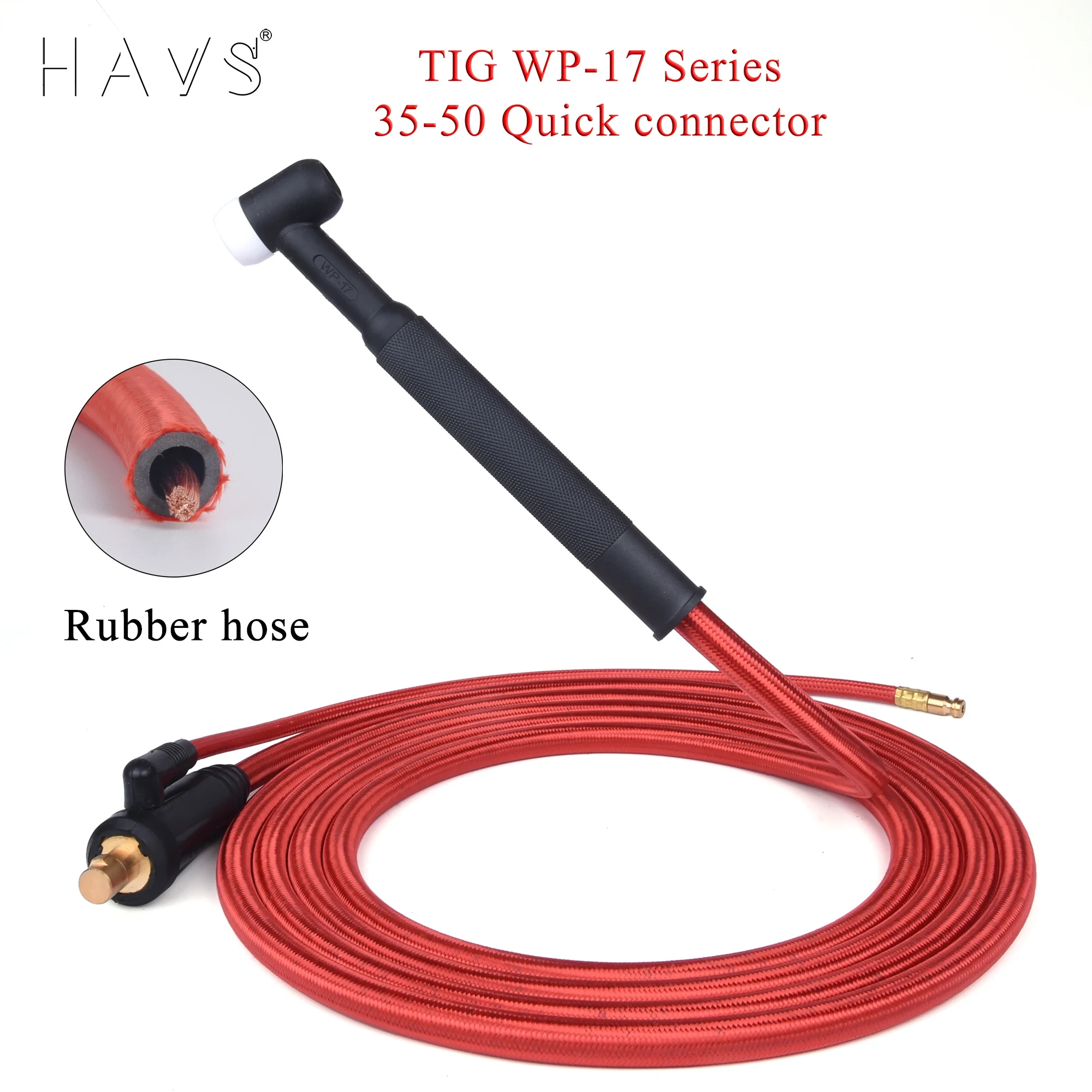 WP17 TIG Welding Torch Gas-Electric Integrated Red Hose Cable Wires 5/8 UNF Quick Connector 4M 35-50 Euro Connector 13.12Ft