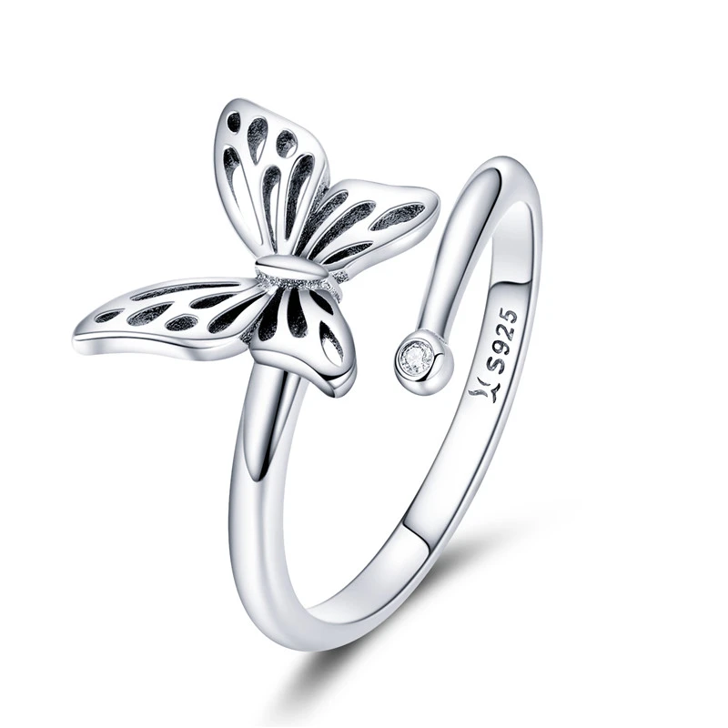 BAMOER Authentic 925 Sterling Silver Vintage Butterfly Adjustable Finger Rings for Women Wedding Engagement Ring Jewelry