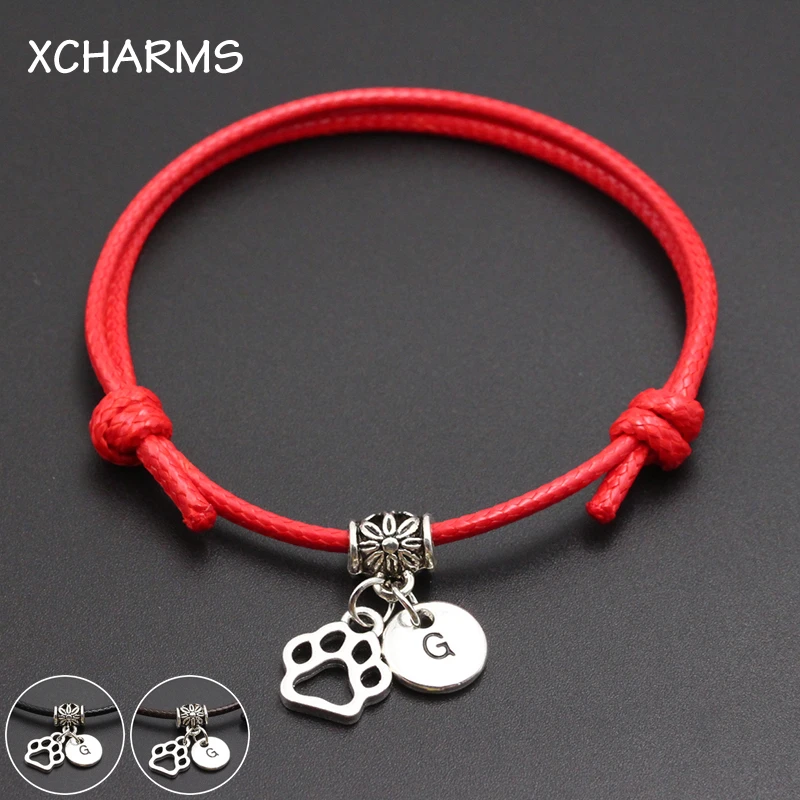 A-Z English Alphabet Dog Paw Print Charm Red Thread String Bracelet Handmade DIY Lucky Rope Bracelet For Women Men Jewelry