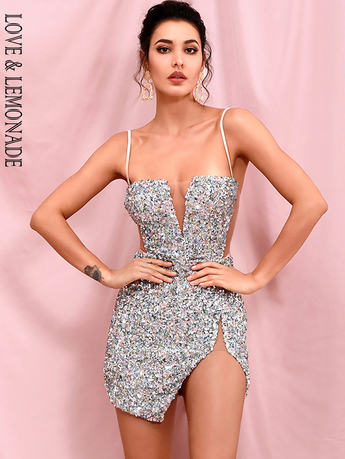 LOVE & LEMONADE Sexy Tube Top Silver Cut Out Stretch Sequin Bodycon Party Mini Dress LM82289