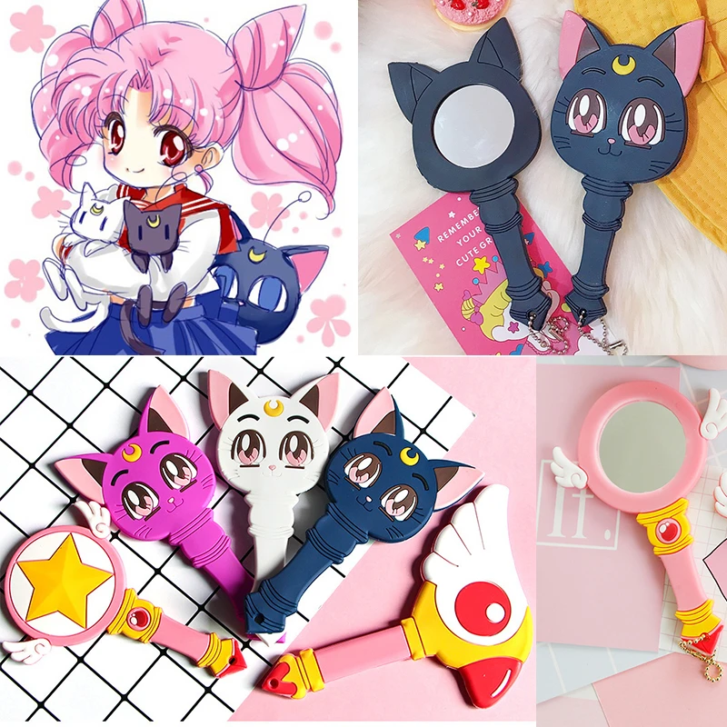 Anime Sailor Luna Purple Cat Make Up Mirror Handle Girls Portable Cosplay Props Moonlight Memory Series Crystal Star Cosmet