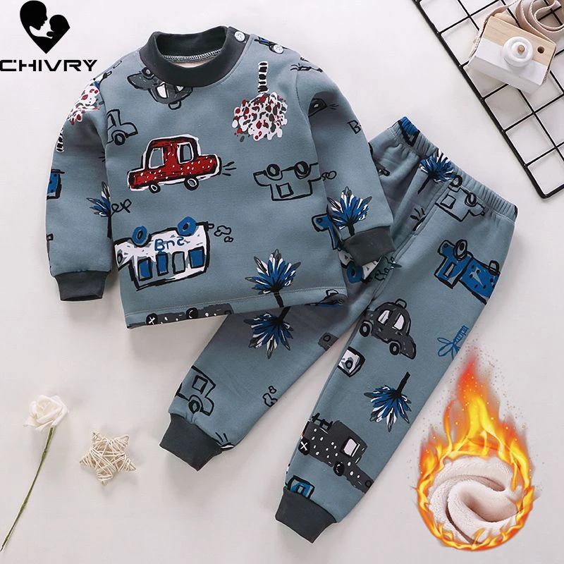 New 2021 Kids Boys Thicken Pajama Sets Cartoon O-Neck T-Shirt Tops with Pants Baby Girls Autumn Winter Warm Sleeping Clothes