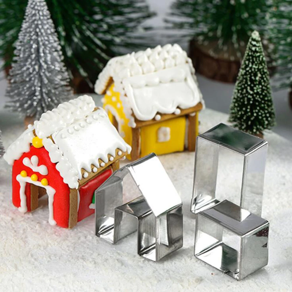 3Pcs 3D Mini House Scenery Christmas Cookie Cutter Set Cookie Biscuit Mold Steel Gingerbread House Fondant Cutter Baking Tool