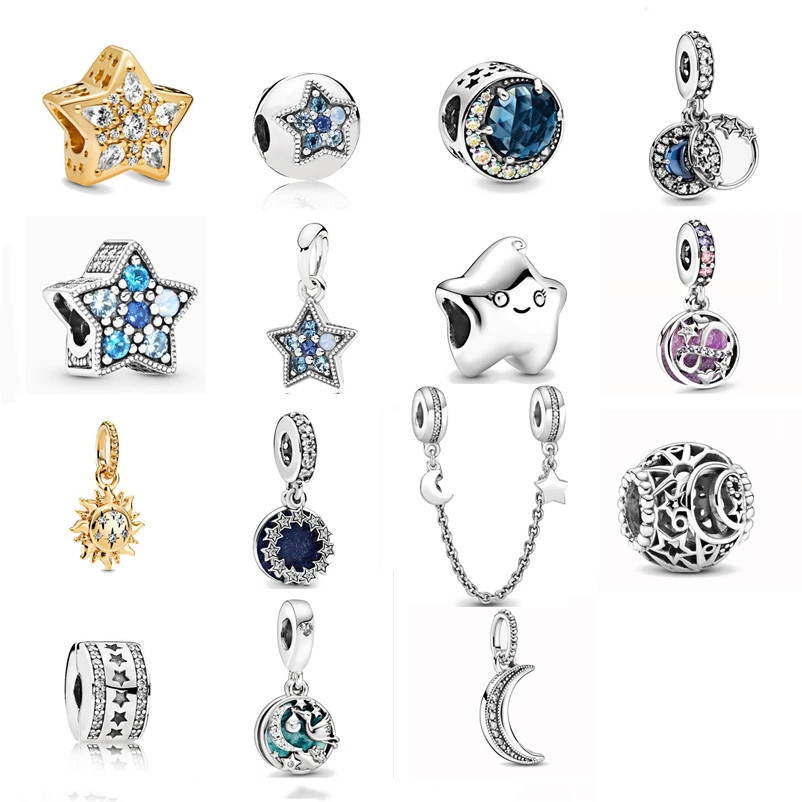 Neastamor Sparkling Moon & Stars Dangle Charm Bead Fit Original Pandora Bracelet Silver 925 DIY Women Fashion Jewelry Making