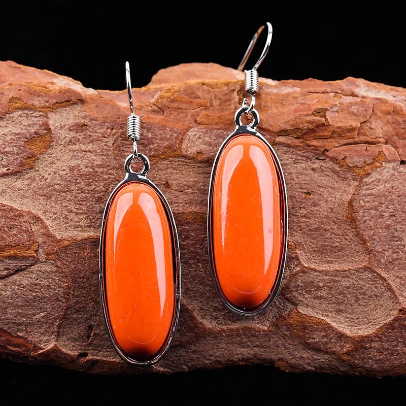 Fashion Boho Retro Orange Oval Stone Earrings for Women Vintage Ethnic Silver Color Long Drop  Fine Jewelry Female Gift