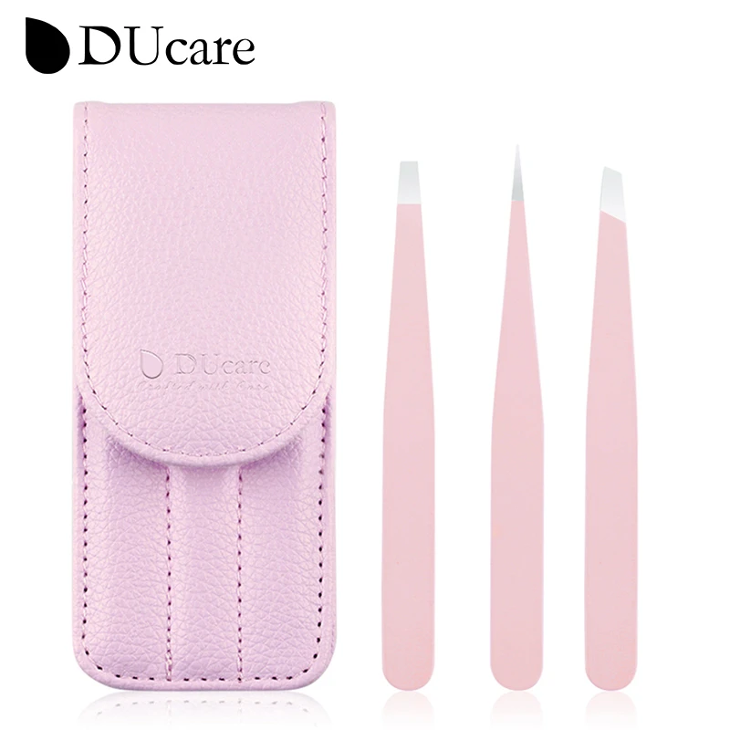 DUcare 3 PCS Eyebrow Tweezers Set Stainless Steel Flat Tip/Slant Tip/Point Tip Hair Removal Eye Tweezers with Pink Bag