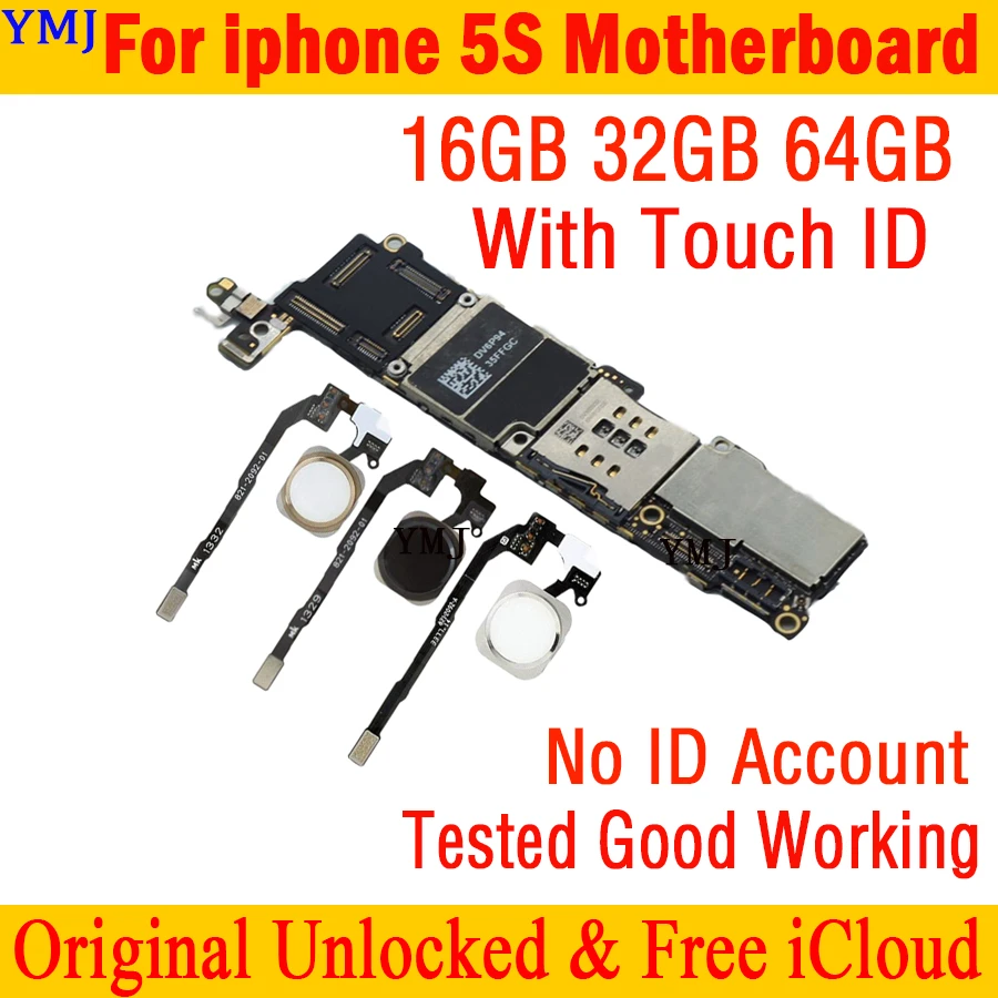Full unlocked for iphone 5S Motherboard16GB/32GB/64GB,100% Original for iphone 5S Mainboard with/No Touch ID,Free iCloud
