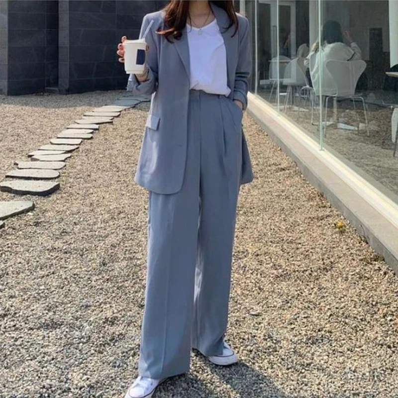 2021 Spring New Two-piece Set Suit Blue Double Breasted Blazer + Casual Straight Trousers Elegant Fashion Chic Women's Clothes