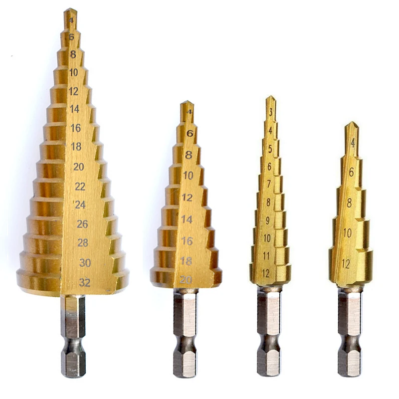 3-12mm 4-12mm 4-20mm 4-32mm Straight Groove Step Drill Bit HSS Titanium Coated Wood Metal Hole Cutter Core Cone Drilling Tools