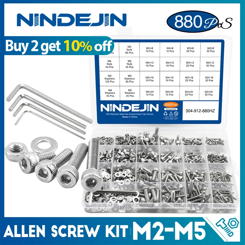 NINDEJIN 880pcs Hex Socket Head Cap Screw Set M2 M3 M4 M5 Stainless Steel Hexagon Flat Round Cap Head Screw Kit Assortment