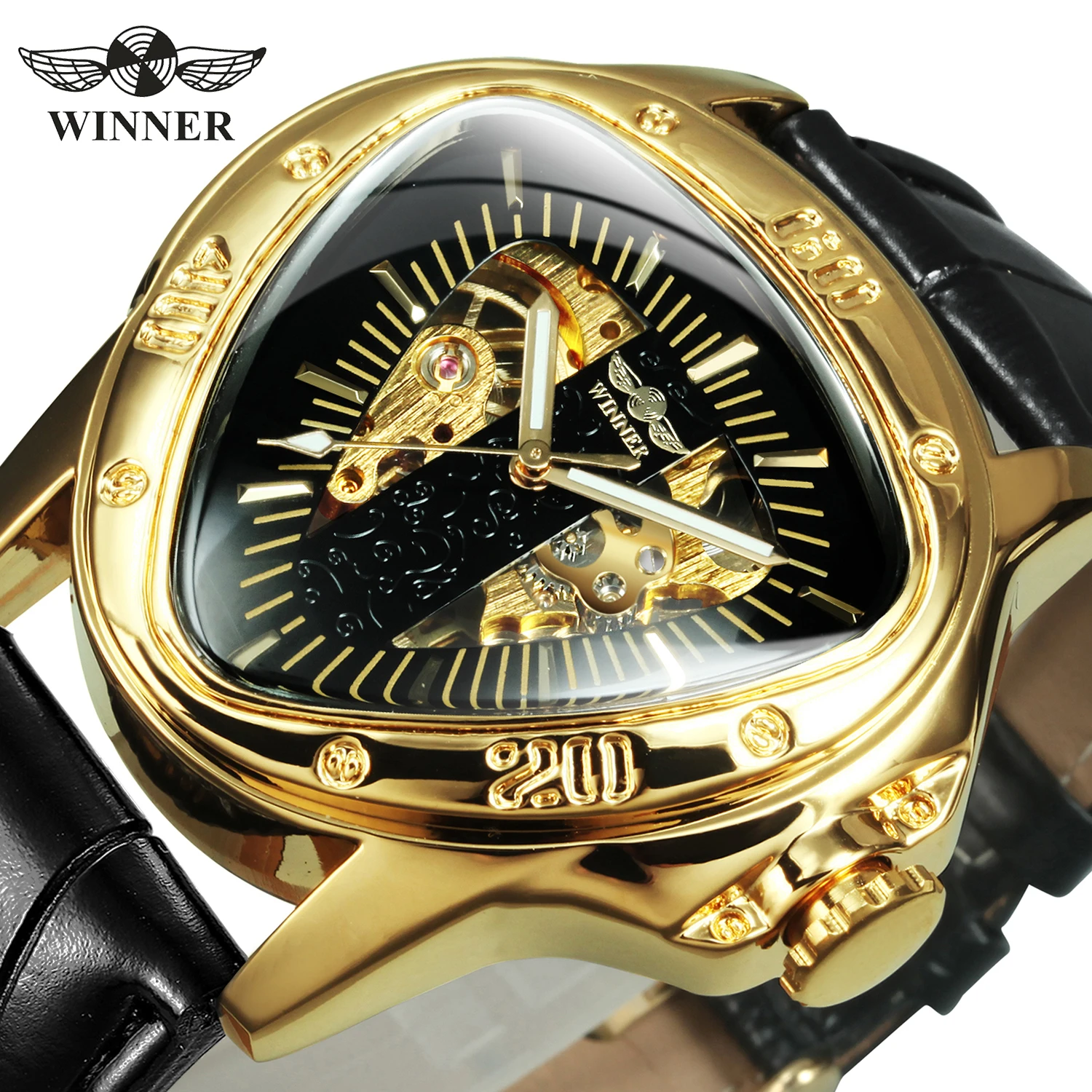 Winner Official Triangle Golden Skeleton Watch for Men Mechanical Automatic Sport Mens Watches 2021 Top Brand Luxury Clock Army