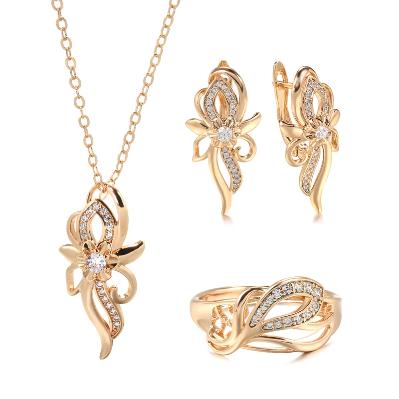 Kinel Luxury 4Pcs Gray Crystal Flower Bridal Wedding Jewelry Sets Antique Gold Color Turkey Earring Necklace Bracelet Ring Women