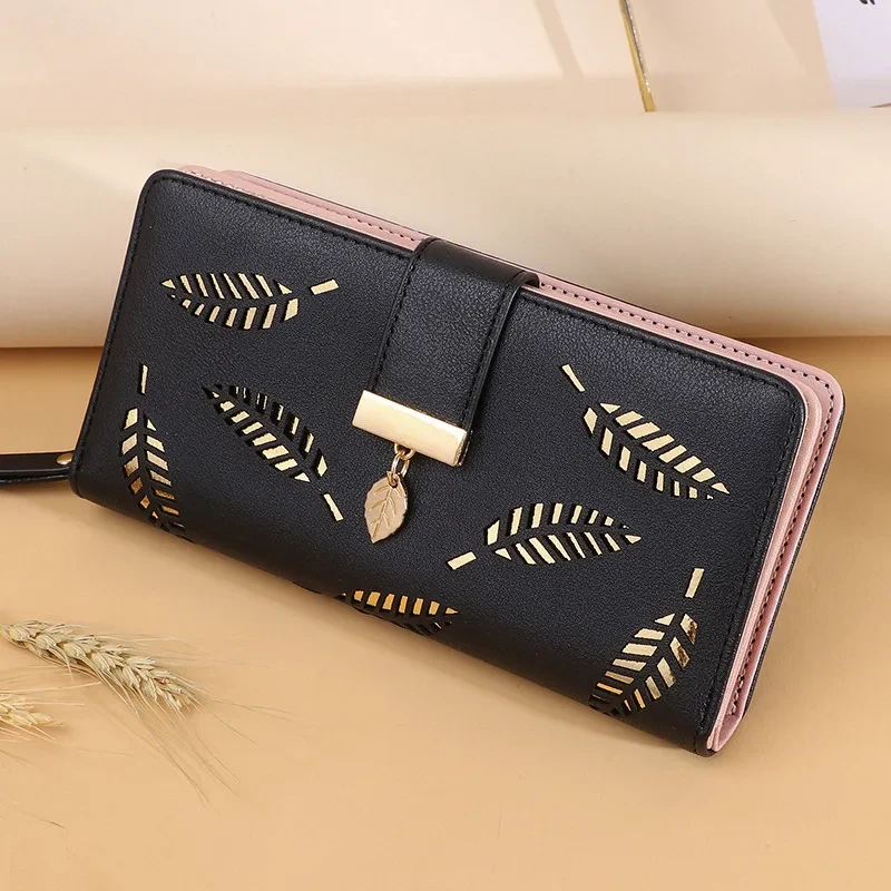 Luxury Brand Wallets for Women 2021 Fashion Multi-card Long Wallet Gold Hollow Leaf Coin Purse Multi-functional Versatile Clutch