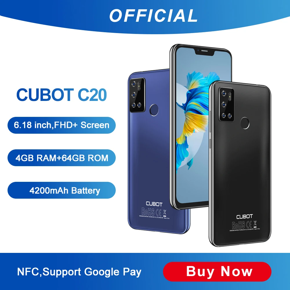 Cubot C20 Smartphone NFC 12MP Quad AI Camera 4GB+64GB Mobile Phones 4G LTE Celular 6.18 Inch FHD+ 4200mAh Android 10 Cell Phone