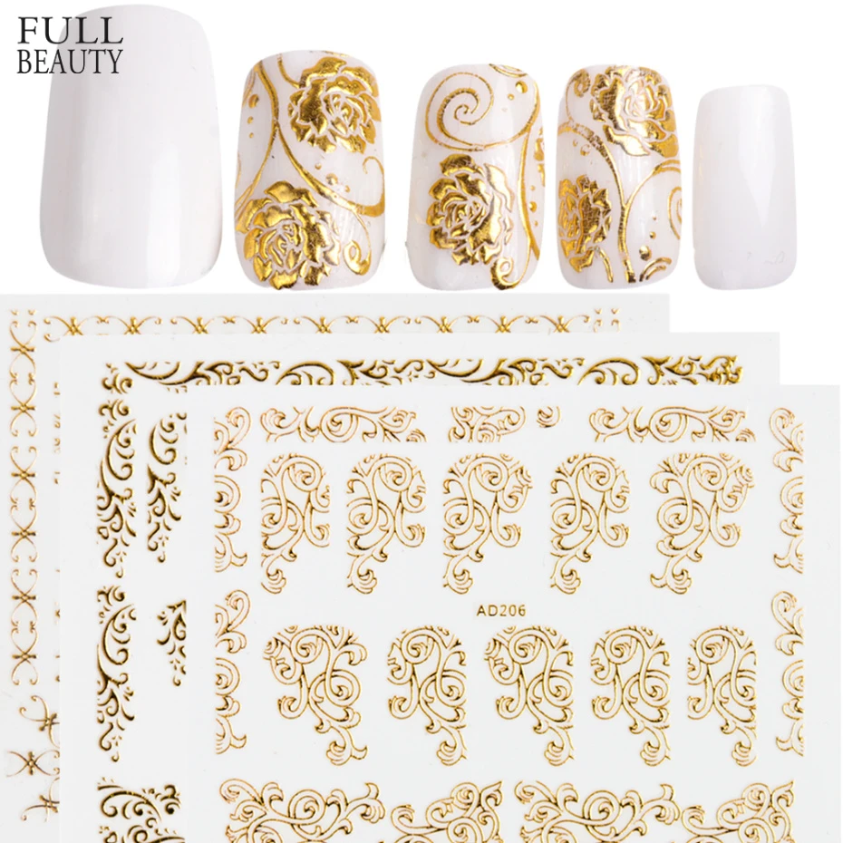 1pcs 3D Gold Bronzing Nail Sticker Flower Metalic Lace Slider DIY Manicure Leaf Nails Decal Nail Art Decorations CHAD201-212