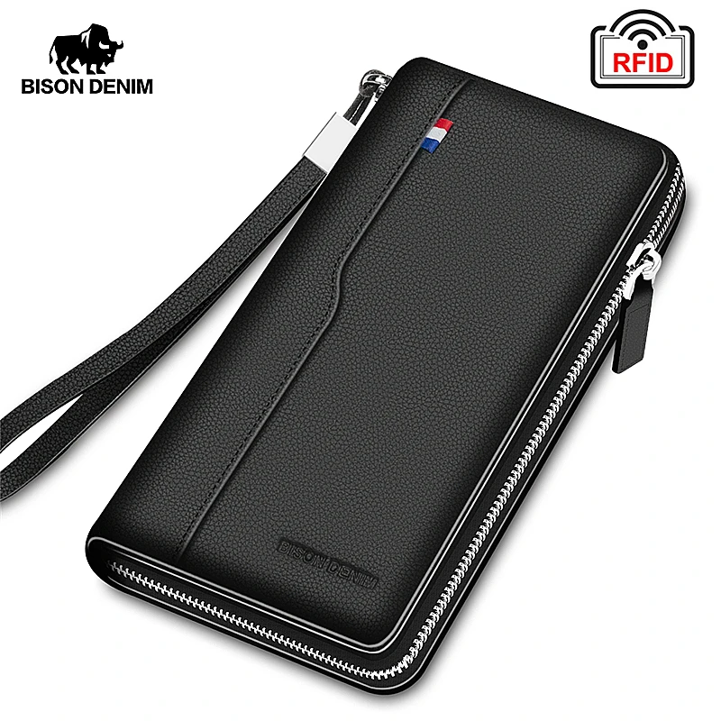 BISON DENIM Genuine Leather Men's Wallet RFID Blocking Long Purse Coin Case Passport Cover For Mens Credit Card Holder W8226