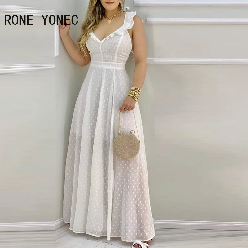 Women Elegant Dress Ruffle Hem Open Back Slit Maxi Dress Mesh Dress Sexy Backless Summer Dress