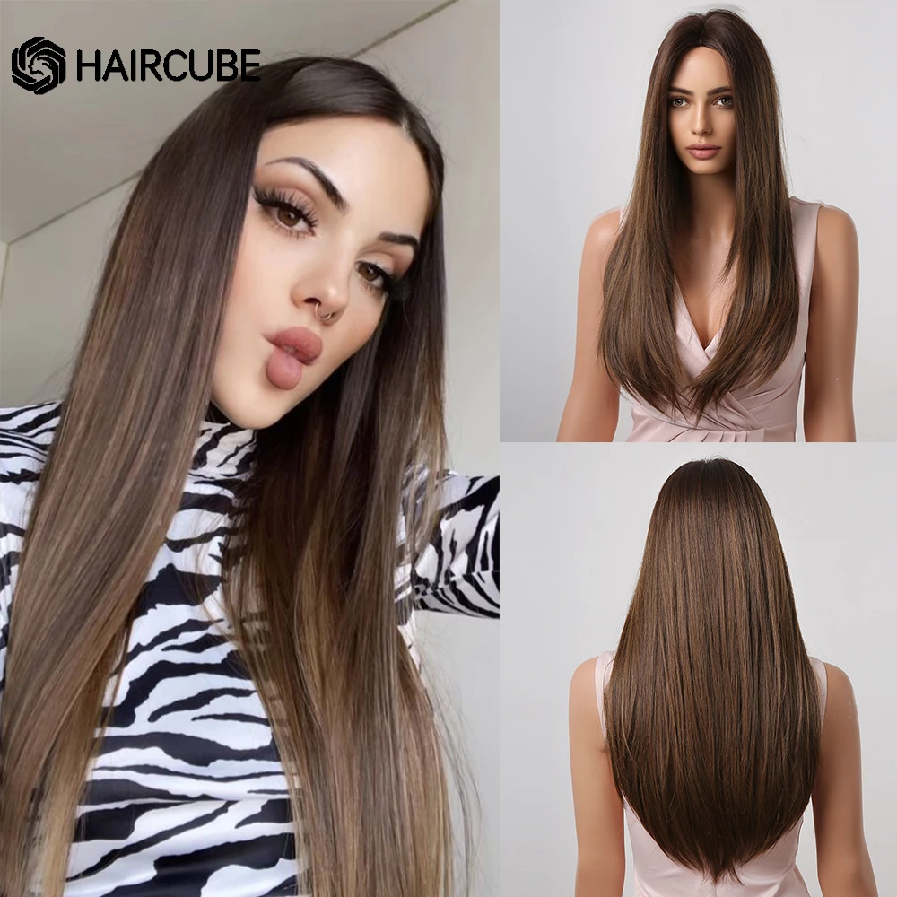 Long Straight Brown Ombre Natural Hair Wigs Middle Part Heat Resistant Synthetic Wigs for Afro Women Daily Cosplay Fashion Wigs