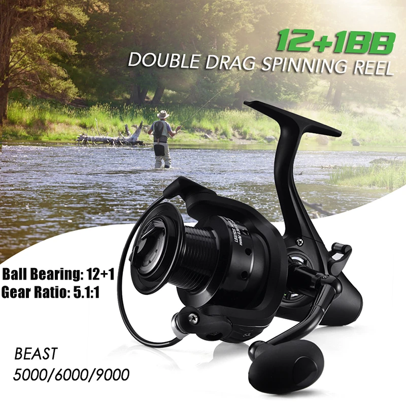 12+1 BB Spinning Reel with Front and Rear Double Drag Carp Fishing Reel Left Right Interchangeable for Saltwater Freshwater