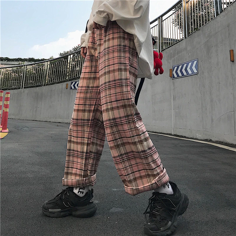 Harajuku Plaid Autumn Thin Loose Pants Women Pink Full Length Trousers Streetwear BF Style Pantalones Mujer 2021 Spring