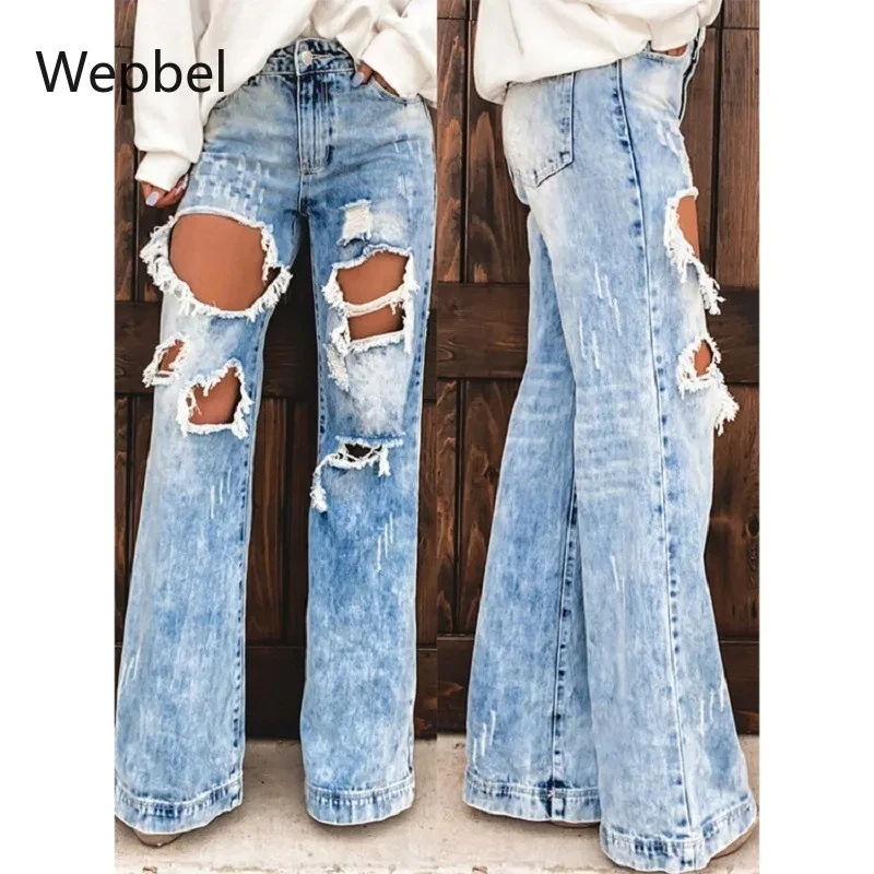 WEPBEL Women's Jeans with Holes Ripped High Wasit Jeans Trousers  Summer Fashion Female Denim Wide Leg Pants