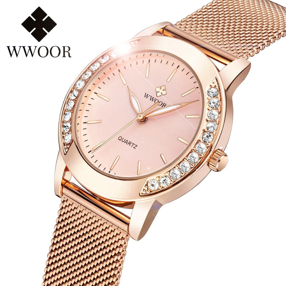 WWOOR Luxury Diamond Ladies Watches 2021 Top Brand Fashion Women Quartz Wrist Watch Rose Gold Mesh Band Bracelet Watch For Women
