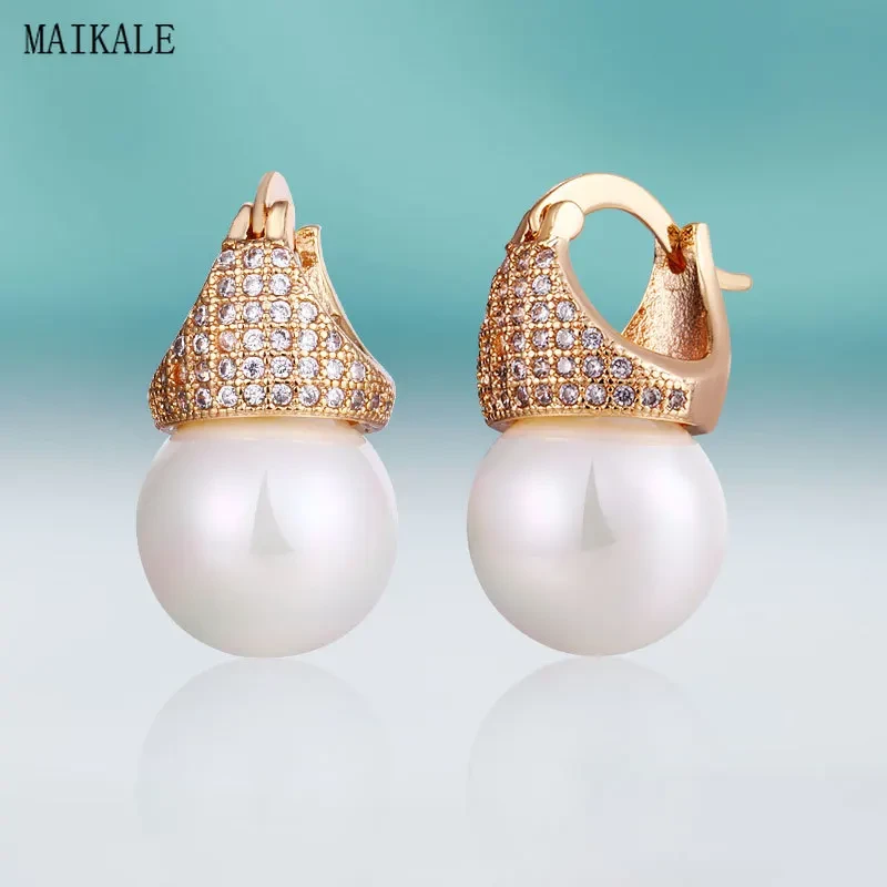 MAIKALE Luxury Crown Zircon CZ Stud Earrings with Pearl Gold  Cubic Zirconia Earings for Women New Fashion Jewelry Gift
