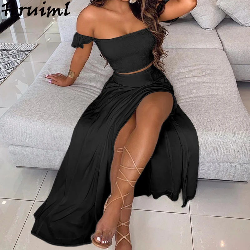 Sexy Split Skirt and Top Set Off Shoulder Strapless Crop Top Long Skirt Set summer Solid Black Beach Club Outfits Mujer Faldas