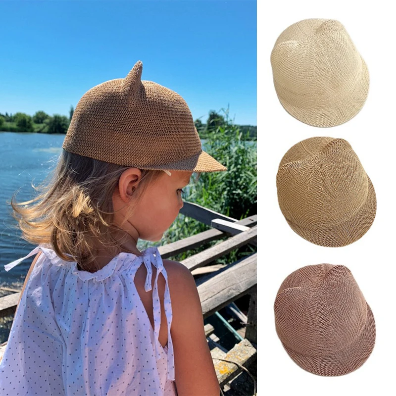 New Straw Baby Hat Summer Kids Boy Girl Sun Hat With Ears Beach Kids Snapback Hats Children Baseball Cap Casquette Enfant