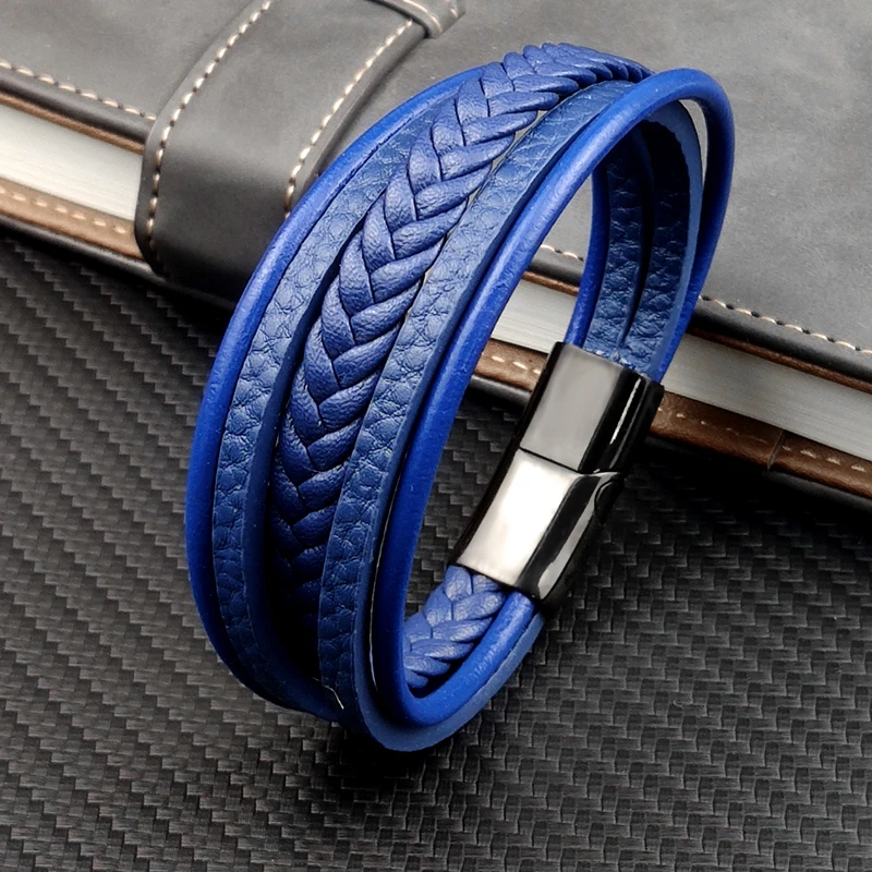 MingAo New Titanium Steel Blue Punk Braided Leather Bracelet For Men Black Magnet Clasp Bangle The Best Gift for Vintage Jewelry
