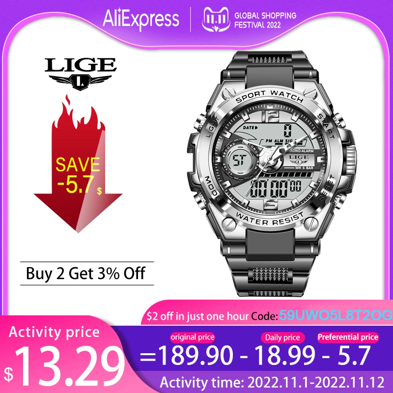 LIGE Digital Men Military Watch 50m Waterproof Wristwatch LED Quartz Clock Sport Watch Male Big Watches Men Relogios Masculino