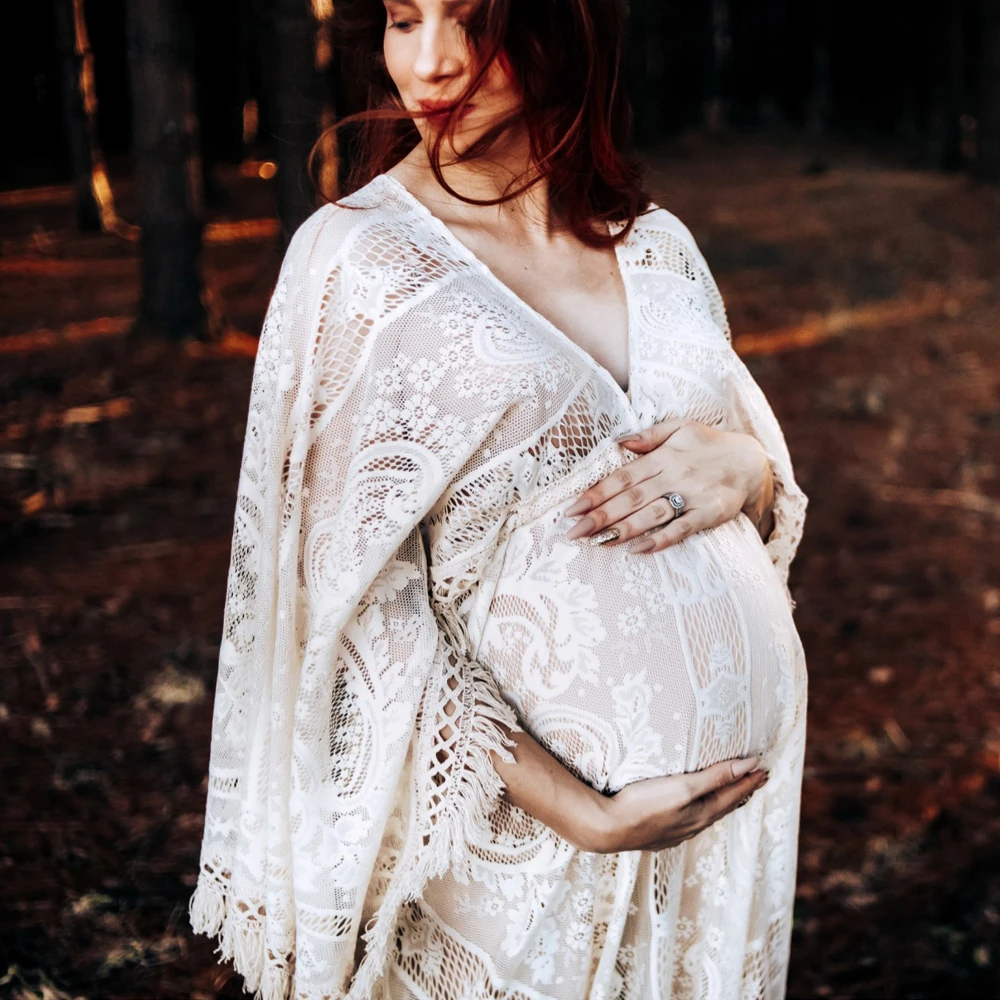Don&Judy Boho V-neck Long Sleeve Lace Maternity Gown Photography Dress Party Dresses Baby Shower Photo Props for Photo Shoot