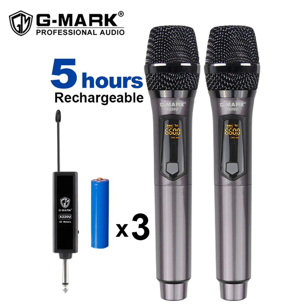 Wireless Microphone G-MARK X220U UHF Recording Karaoke Handheld 2 Channel Lithium Battery 50m For Stage Church Party School