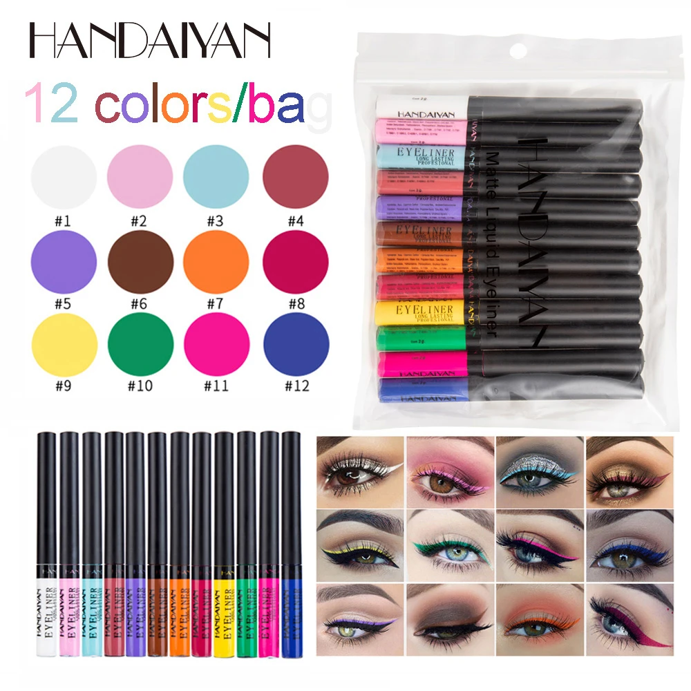 HANDAIYAN Color Eyeliner Kit 12 Colors/pack Matte Waterproof Liquid Colorful Eye Liner Pencil Set Makeup Cosmetics Long-lasting