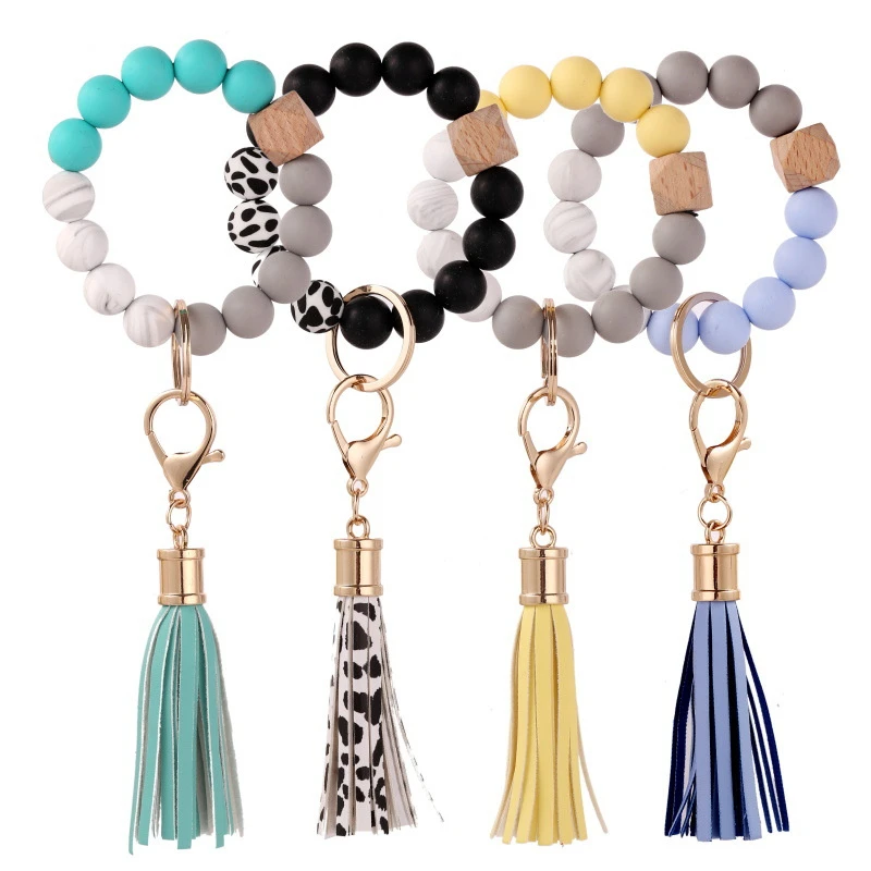 Silicone Keychain For Keys Tassel Wood Beads Bracelet Keyring For Women Accessories Multicolor Keychain Wholesale Hot Sale 2021