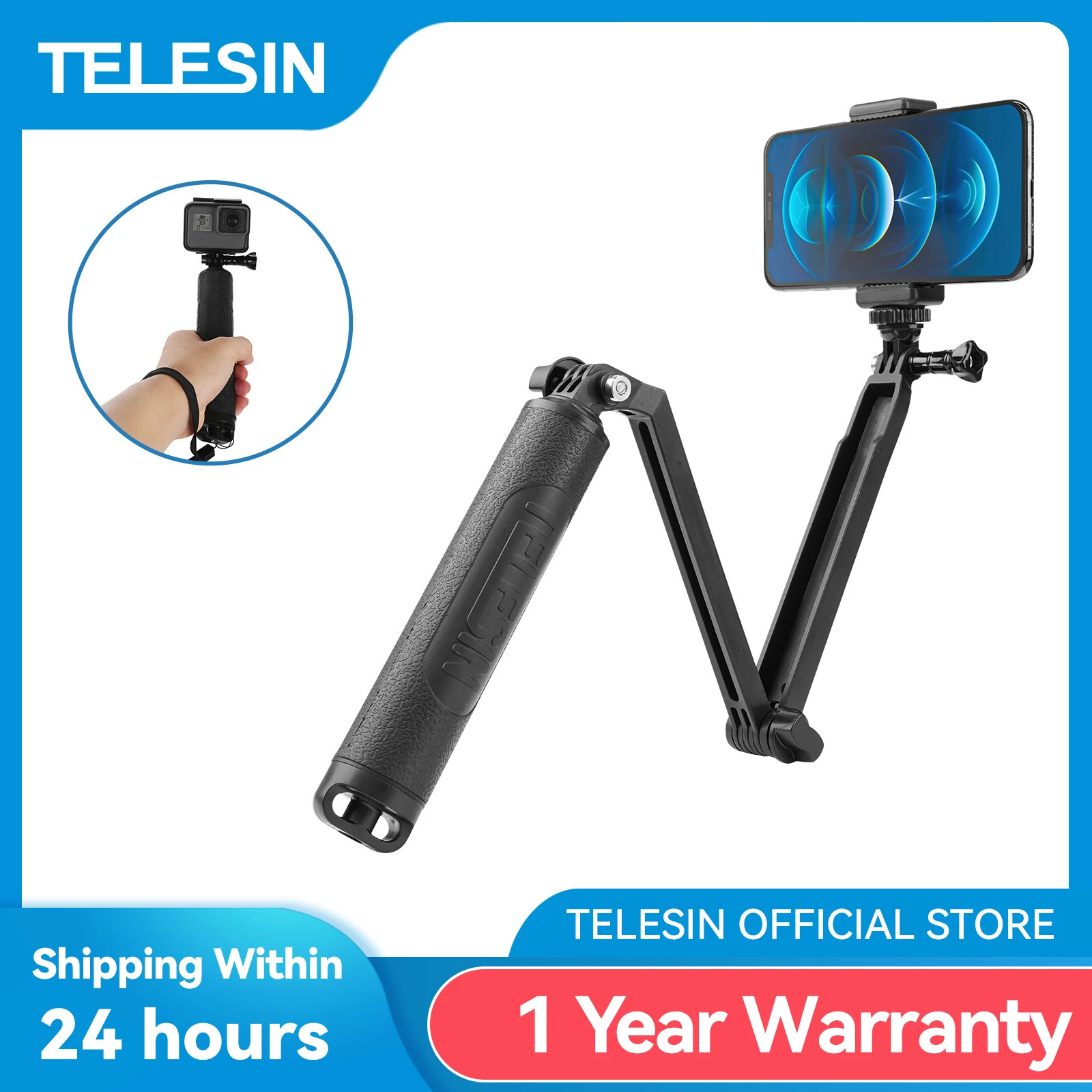 TELESIN Waterproof Selfie Stick Floating Hand Grip 3 Way Grip Arm Monopod Pole Tripod for GoPro 10 9 8 7 6 Insta360 Osmo Action