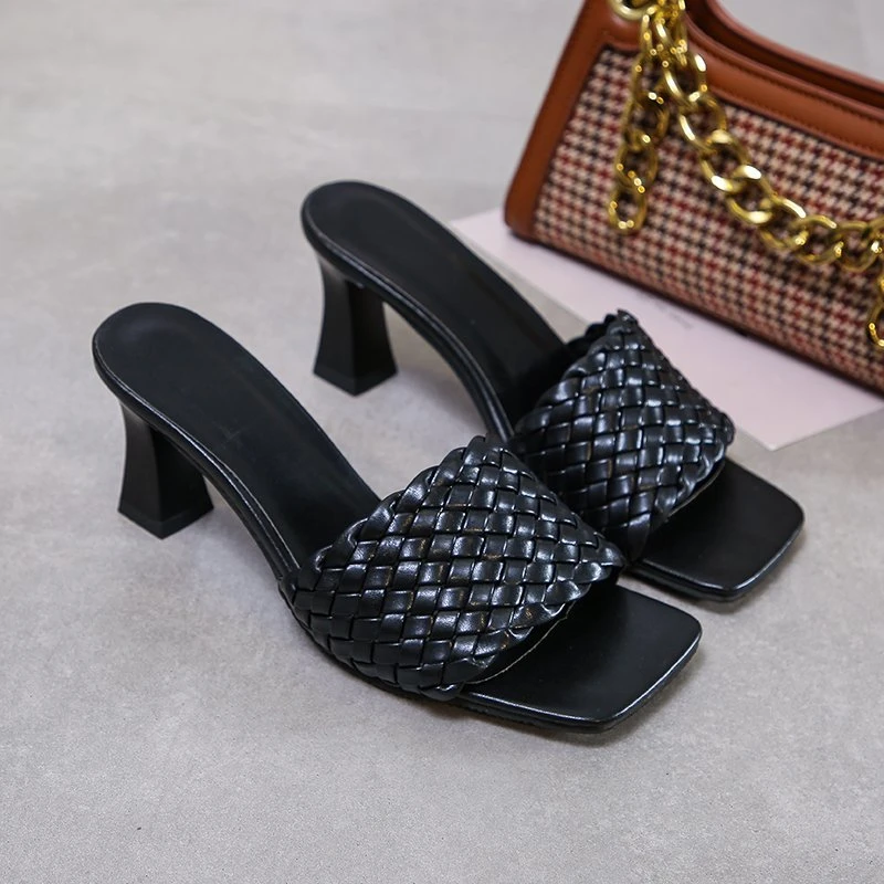 Woman Mules Ladies Party Slides Women Fashion Plaid Pumps Women's Slippers Female Outdoor High Heels PU Leather Plus Size 44