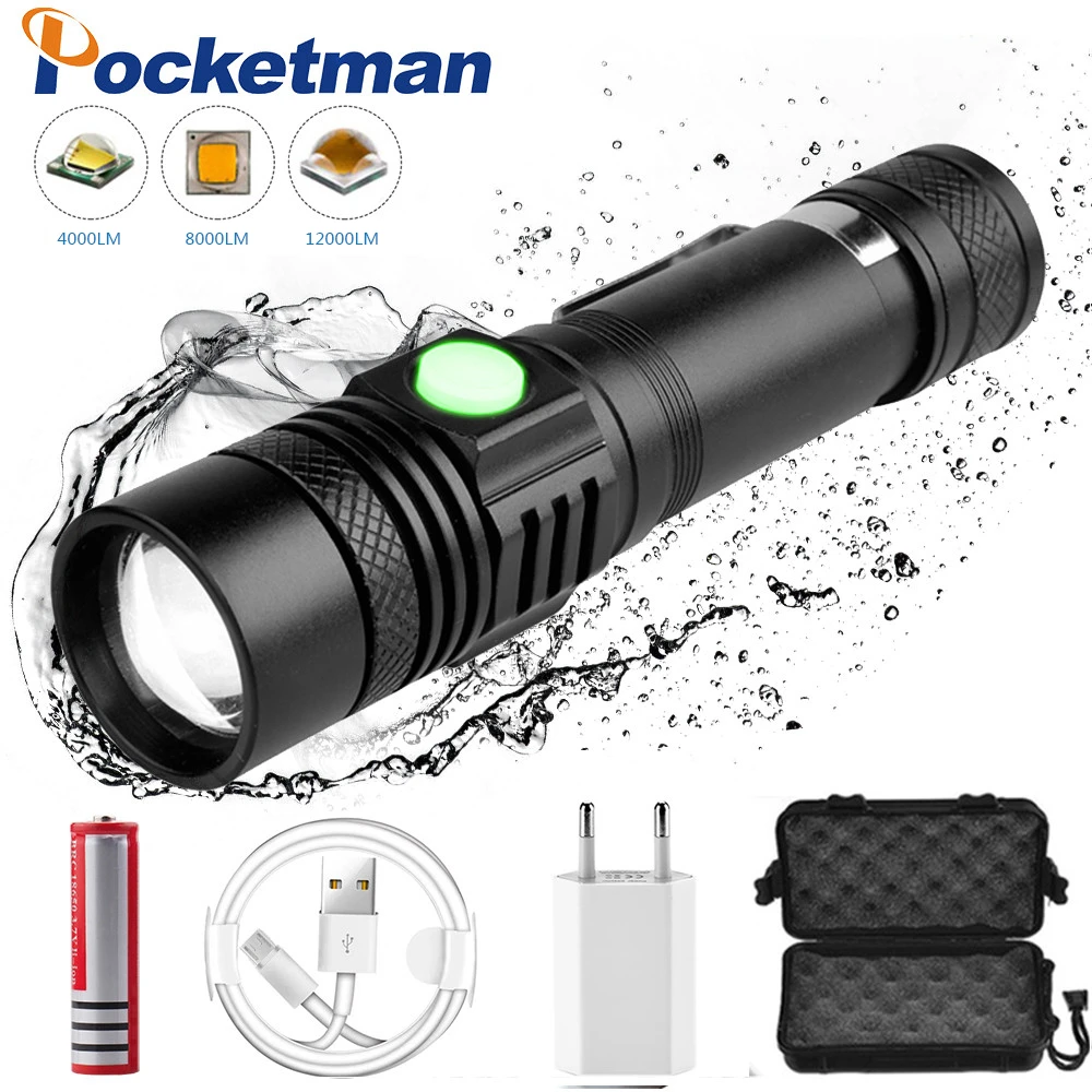 30000LM Super Bright Led flashlight USB Charging Led Torch T6/L2/V6 Power Tips Zoomable Bicycle Light 18650 Lantern Camping Lamp